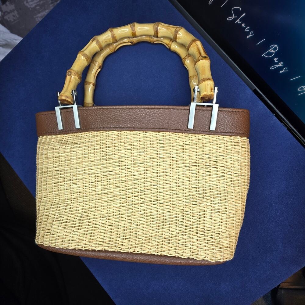 Sunny Hawaii Straw Mini Tote Bamboo Handles Tan Brown 9x5x2.5" 1H - Picture 3 of 10